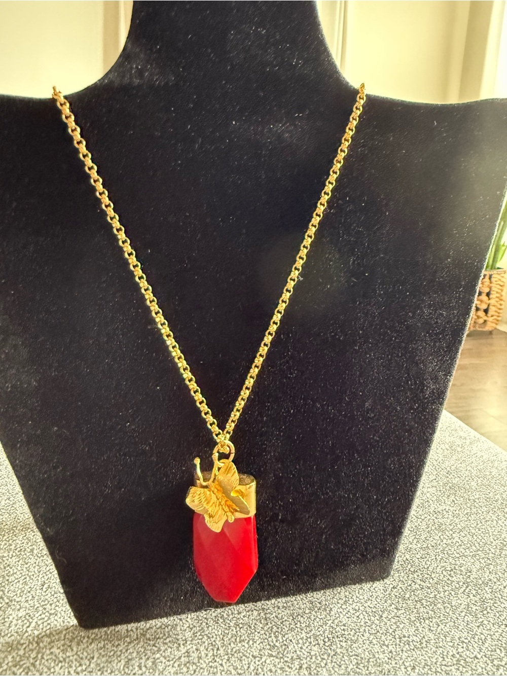 Brass gold plated Necklace with Red Faceted agate stone Pendant